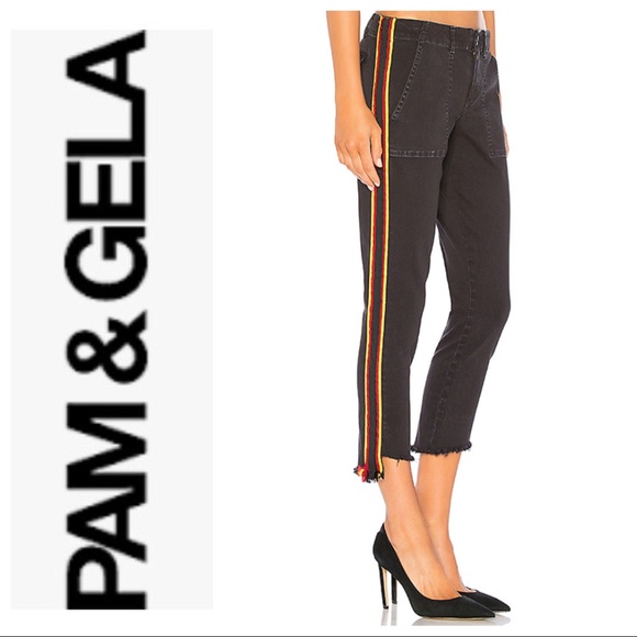 Pam & Gela Pants - Pam & Gela Vintage Black Stripe Frayed-Hem Pants
